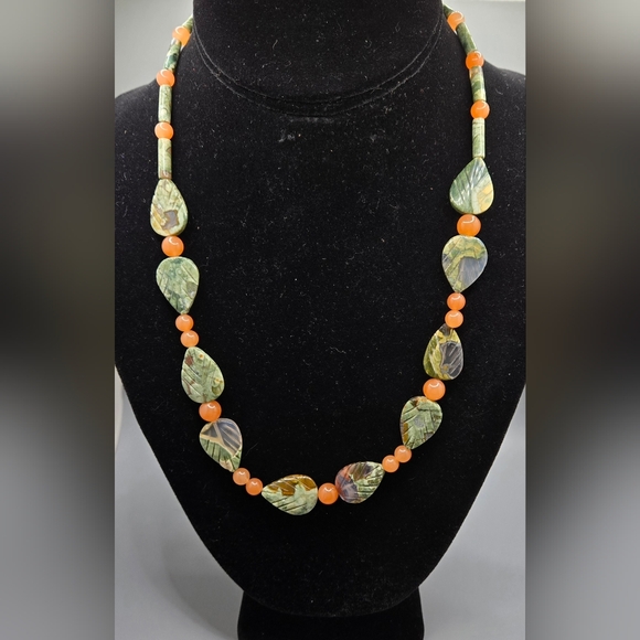 Unsigned Jewelry - Rainforest Jasper & Carnelian Necklace 19" Long Sterling Silver Clasp Vintage